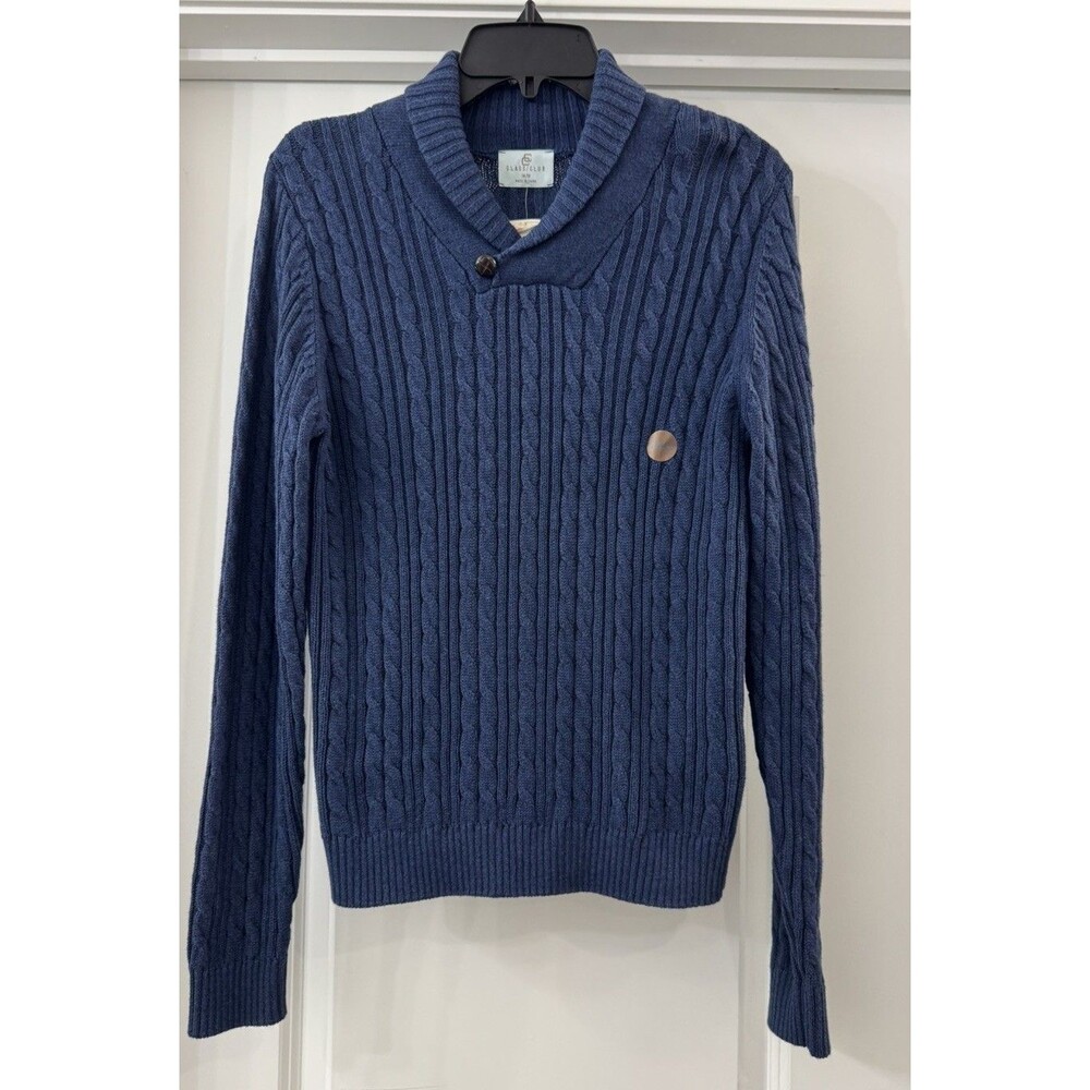Class Club Youth boys Cable knit Sweater Blue  Cotton Shawl collar Sz 14/16 NWT
